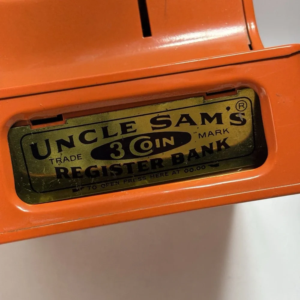 Vintage Orange Uncle Sam's 3 Coin Register Bank Metal Nickel Dime Quarters Japan